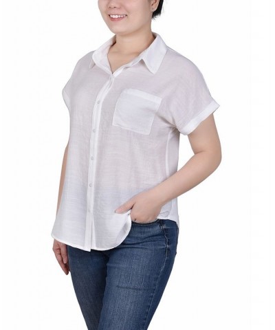 Petite Woven Front Jersey Back Short Sleeve Top White $30.24 Tops