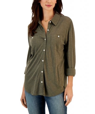 Women's Button-Up Collared Knit Shirt Green $15.77 Tops