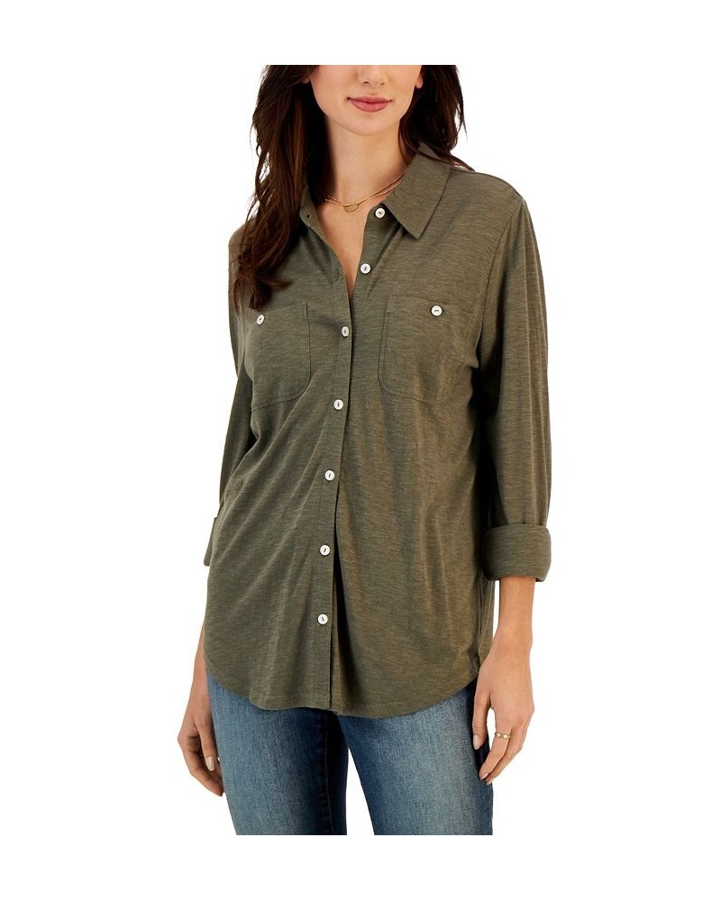 Women's Button-Up Collared Knit Shirt Green $15.77 Tops