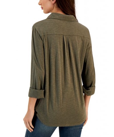 Women's Button-Up Collared Knit Shirt Green $15.77 Tops