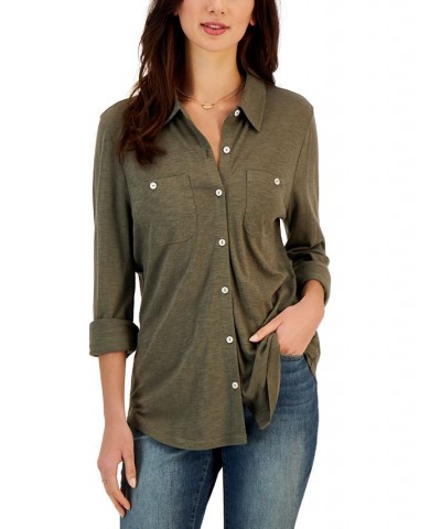 Women's Button-Up Collared Knit Shirt Green $15.77 Tops