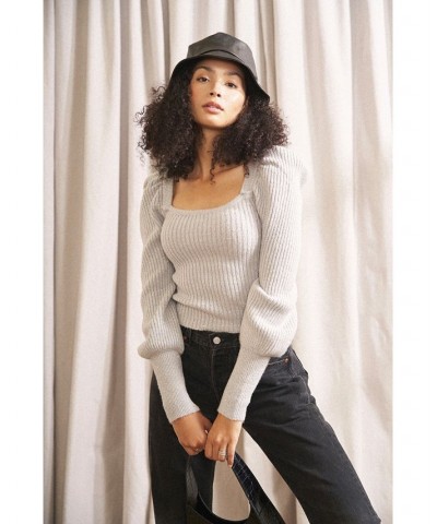 Long Sleeve Square Neck Sparkle Sweater Gray $36.09 Sweaters