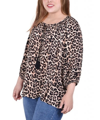 Plus Size 3/4 Sleeve Peasant Top with Tie Neckline Black/Brown/Animal $16.94 Tops