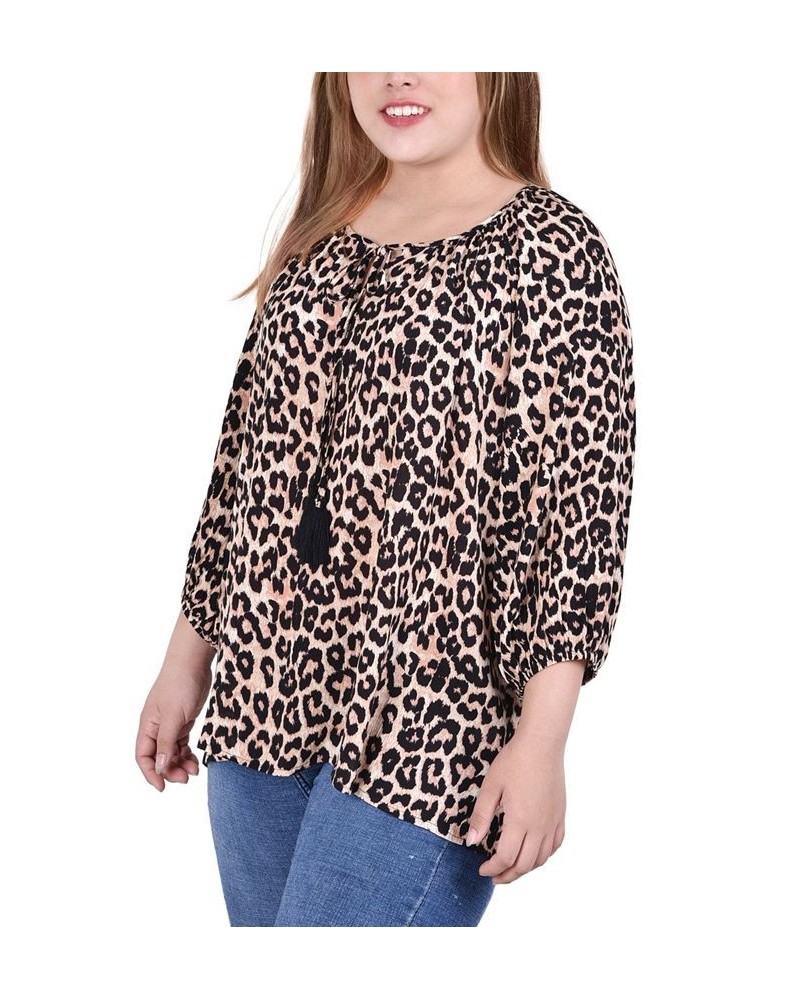 Plus Size 3/4 Sleeve Peasant Top with Tie Neckline Black/Brown/Animal $16.94 Tops