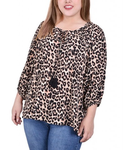 Plus Size 3/4 Sleeve Peasant Top with Tie Neckline Black/Brown/Animal $16.94 Tops