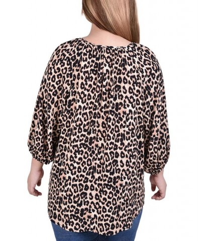 Plus Size 3/4 Sleeve Peasant Top with Tie Neckline Black/Brown/Animal $16.94 Tops