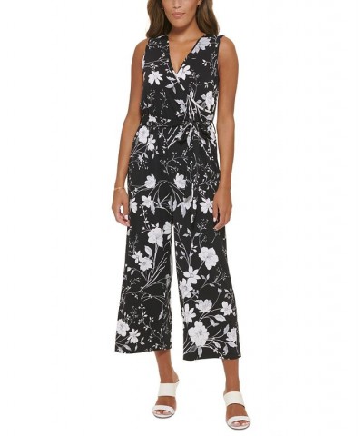 Women's Floral-Print Sleeveless Cropped Jumpsuit Black/Cream $40.28 Pants