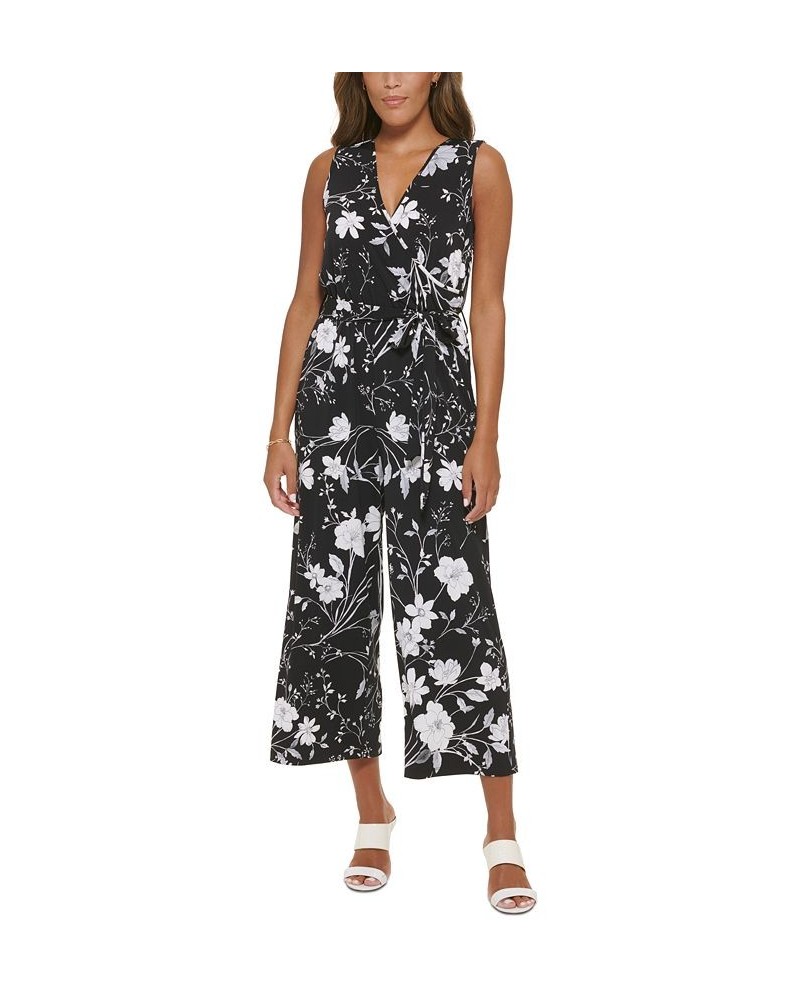 Women's Floral-Print Sleeveless Cropped Jumpsuit Black/Cream $40.28 Pants