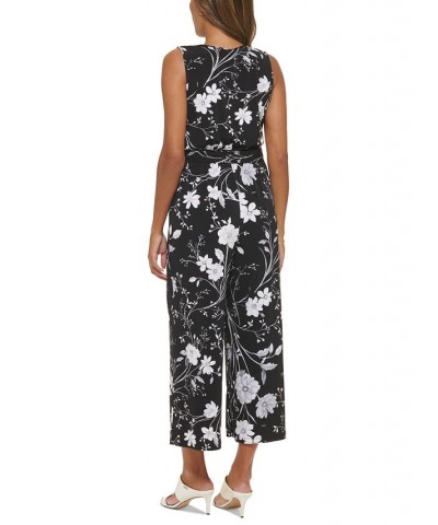 Women's Floral-Print Sleeveless Cropped Jumpsuit Black/Cream $40.28 Pants