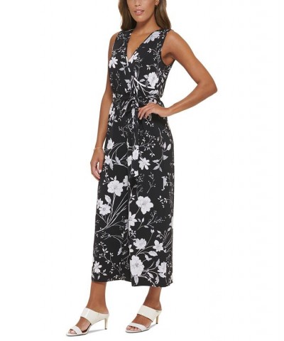 Women's Floral-Print Sleeveless Cropped Jumpsuit Black/Cream $40.28 Pants