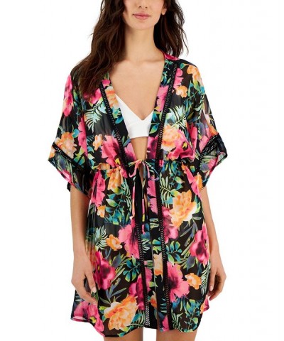 Women's Ladder-Trim Drawstring-Waist Cover-Up Kimono Black/Knockout Pink $19.20 Swimsuits