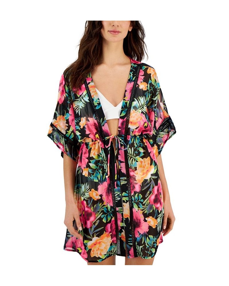 Women's Ladder-Trim Drawstring-Waist Cover-Up Kimono Black/Knockout Pink $19.20 Swimsuits