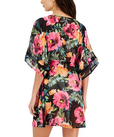 Women's Ladder-Trim Drawstring-Waist Cover-Up Kimono Black/Knockout Pink $19.20 Swimsuits