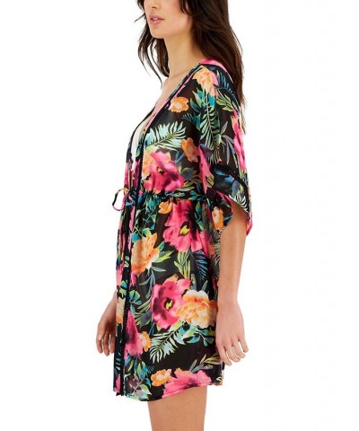 Women's Ladder-Trim Drawstring-Waist Cover-Up Kimono Black/Knockout Pink $19.20 Swimsuits