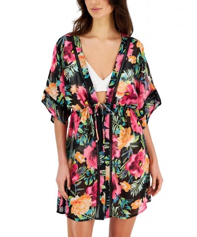 Women's Ladder-Trim Drawstring-Waist Cover-Up Kimono Black/Knockout Pink $19.20 Swimsuits