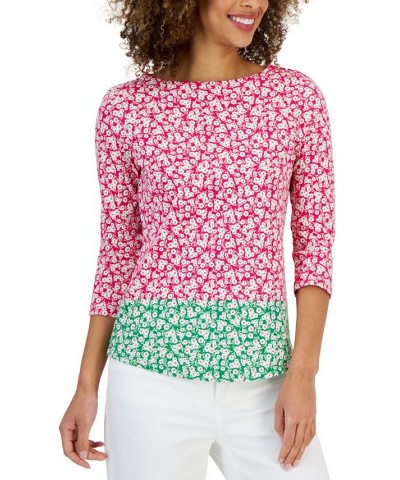 Women's Colorblocked Boat-Neck 3/4-Sleeve Top Pink $11.75 Tops