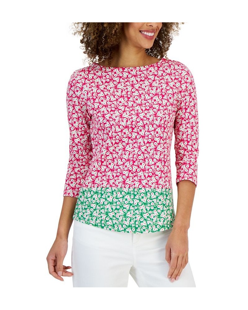 Women's Colorblocked Boat-Neck 3/4-Sleeve Top Pink $11.75 Tops