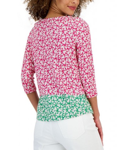 Women's Colorblocked Boat-Neck 3/4-Sleeve Top Pink $11.75 Tops