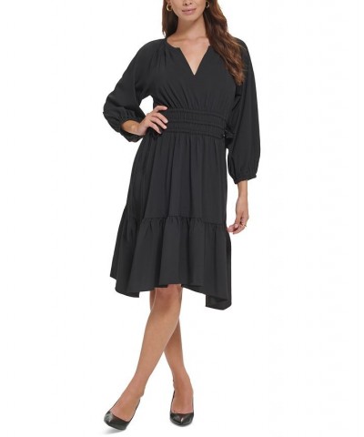 Women's Tiered Split-Neck Drawstring-Waist Dress Black $31.60 Dresses