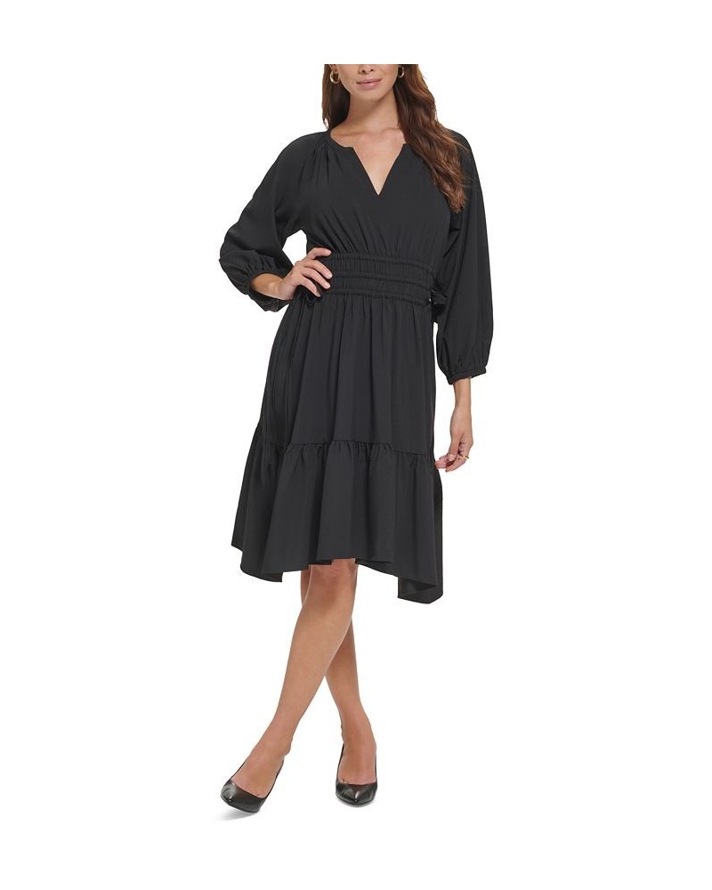 Women's Tiered Split-Neck Drawstring-Waist Dress Black $31.60 Dresses