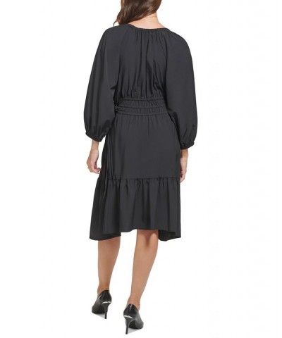 Women's Tiered Split-Neck Drawstring-Waist Dress Black $31.60 Dresses