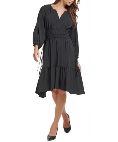 Women's Tiered Split-Neck Drawstring-Waist Dress Black $31.60 Dresses