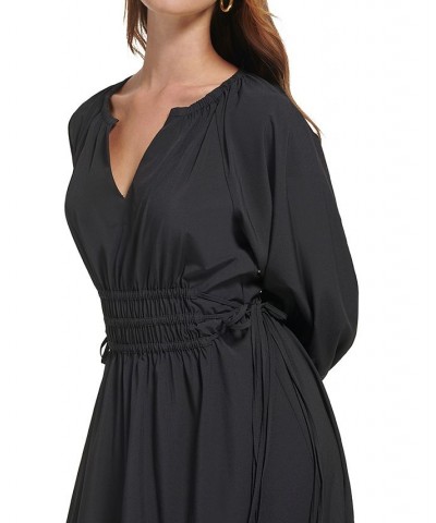 Women's Tiered Split-Neck Drawstring-Waist Dress Black $31.60 Dresses