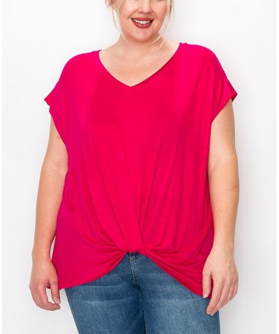 Plus Size V-neck Twist Front Top Hot Pink $16.56 Tops