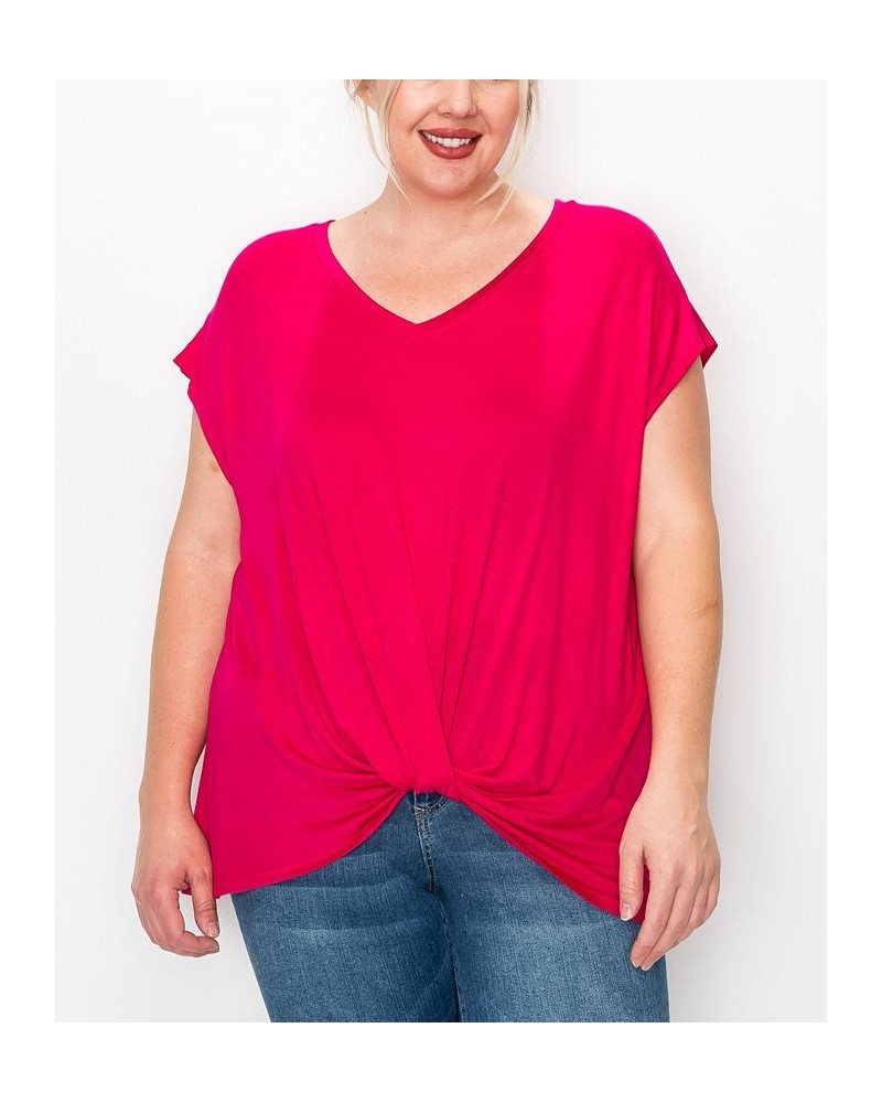 Plus Size V-neck Twist Front Top Hot Pink $16.56 Tops