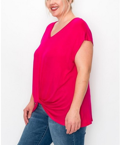 Plus Size V-neck Twist Front Top Hot Pink $16.56 Tops