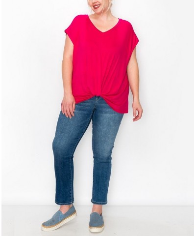 Plus Size V-neck Twist Front Top Hot Pink $16.56 Tops