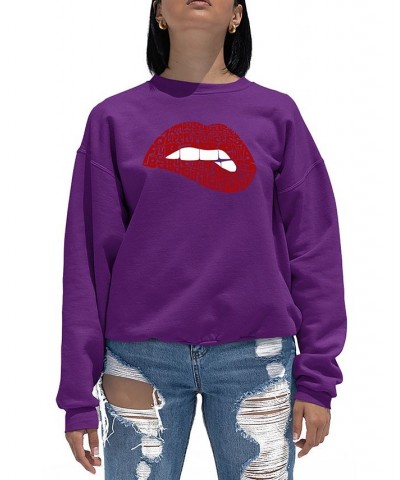 Women's Word Art Crewneck Savage Lips Sweatshirt Purple $29.49 Sweatshirts