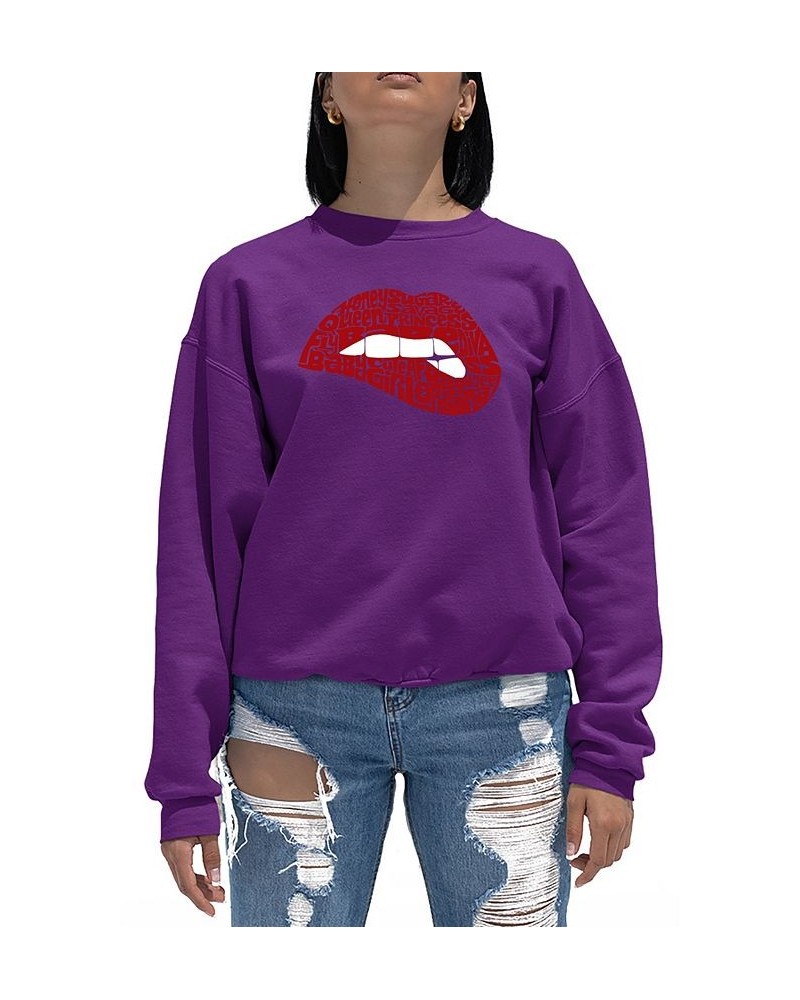 Women's Word Art Crewneck Savage Lips Sweatshirt Purple $29.49 Sweatshirts