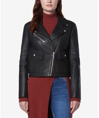 Women's Seton Asymmetric Leather Moto Jacket Black $134.40 Coats