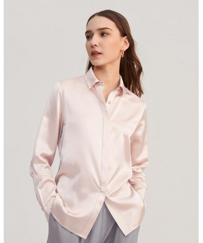 Women's Basic Concealed Placket Silk Shirt Pink $47.26 Tops