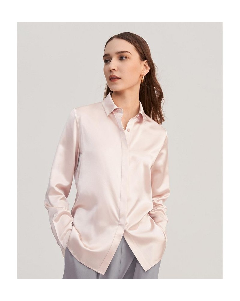 Women's Basic Concealed Placket Silk Shirt Pink $47.26 Tops