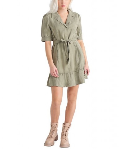 Women's Tie-Waist Shirtdress Herringbone Green $41.87 Dresses