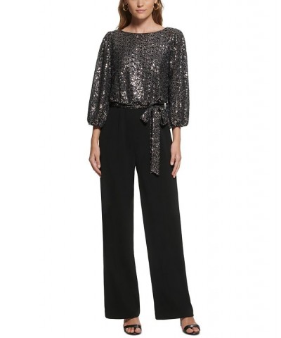 Petite Sequinned-Bodice Scuba-Crepe Jumpsuit Black Silver $80.55 Pants