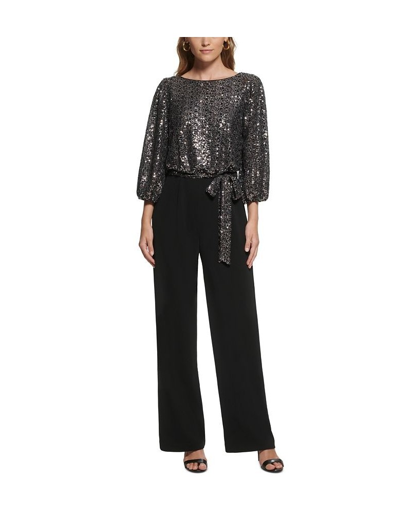 Petite Sequinned-Bodice Scuba-Crepe Jumpsuit Black Silver $80.55 Pants