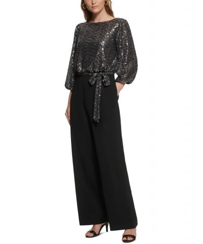 Petite Sequinned-Bodice Scuba-Crepe Jumpsuit Black Silver $80.55 Pants