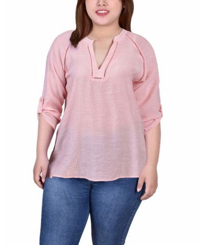 Plus Size Raglan Sleeve Split Neck Blouse Pink $14.02 Tops