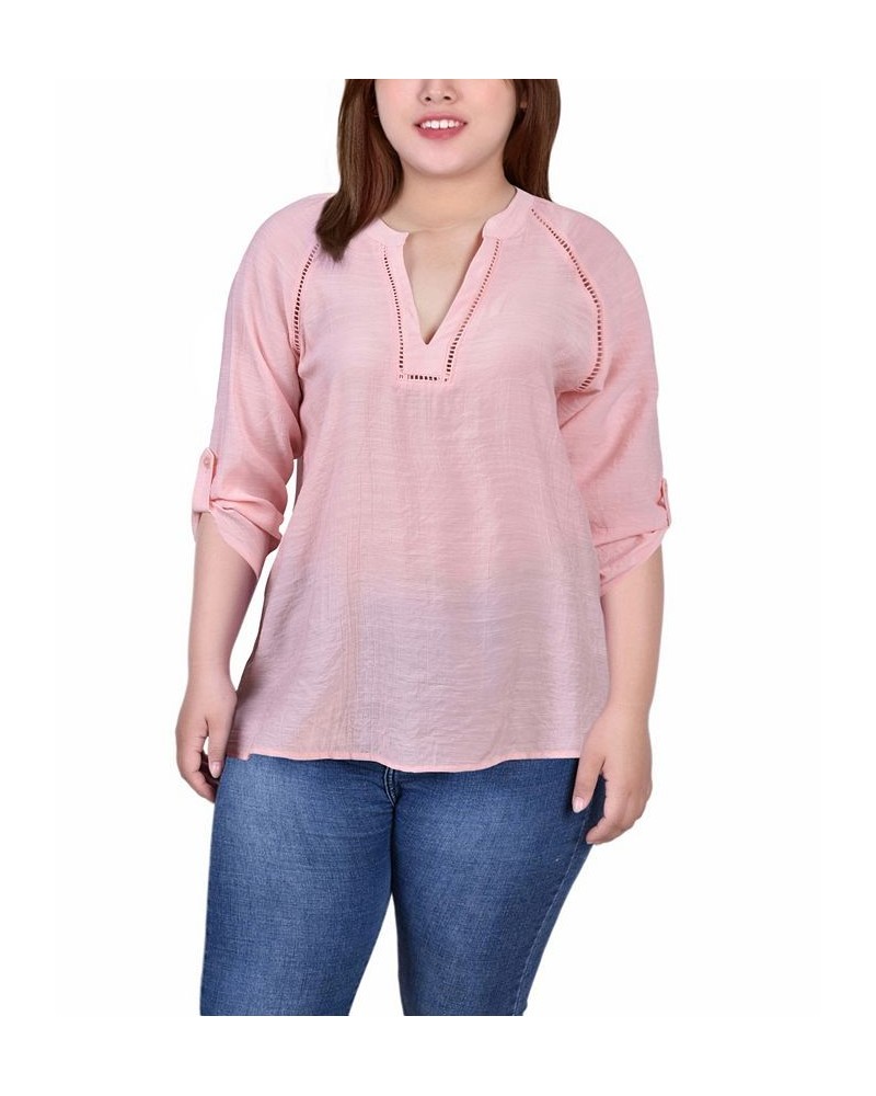 Plus Size Raglan Sleeve Split Neck Blouse Pink $14.02 Tops