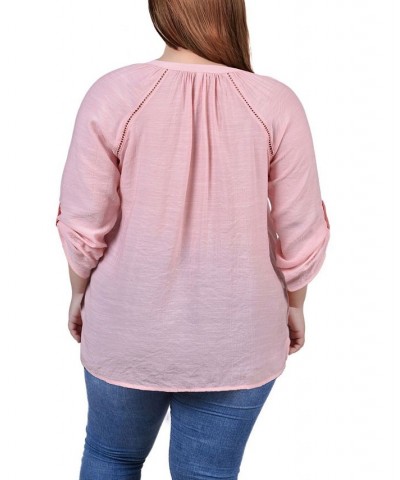 Plus Size Raglan Sleeve Split Neck Blouse Pink $14.02 Tops