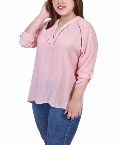 Plus Size Raglan Sleeve Split Neck Blouse Pink $14.02 Tops