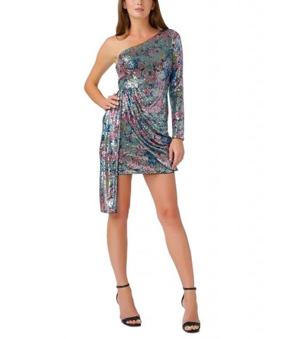 Women's Printed One-Shoulder Sequin Mini Dress Blue Multi $102.00 Dresses