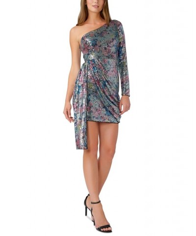 Women's Printed One-Shoulder Sequin Mini Dress Blue Multi $102.00 Dresses