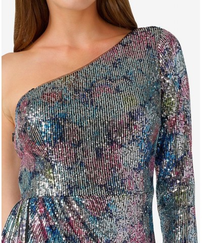 Women's Printed One-Shoulder Sequin Mini Dress Blue Multi $102.00 Dresses