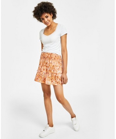 Juniors' Printed Smocked-Waist Mini Skirt Tan/Beige $21.06 Skirts