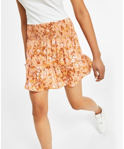 Juniors' Printed Smocked-Waist Mini Skirt Tan/Beige $21.06 Skirts