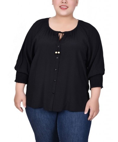 Plus Size 3/4 Sleeve Button Front Blouse Black $13.43 Tops